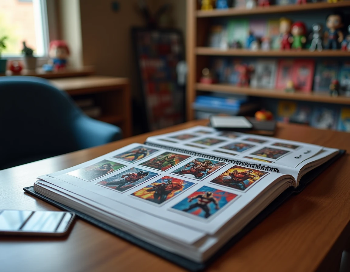 Bureau de collectionneur organisé avec des stickers Marvel Leclerc 2026 dans des pochettes de protection et un album complété