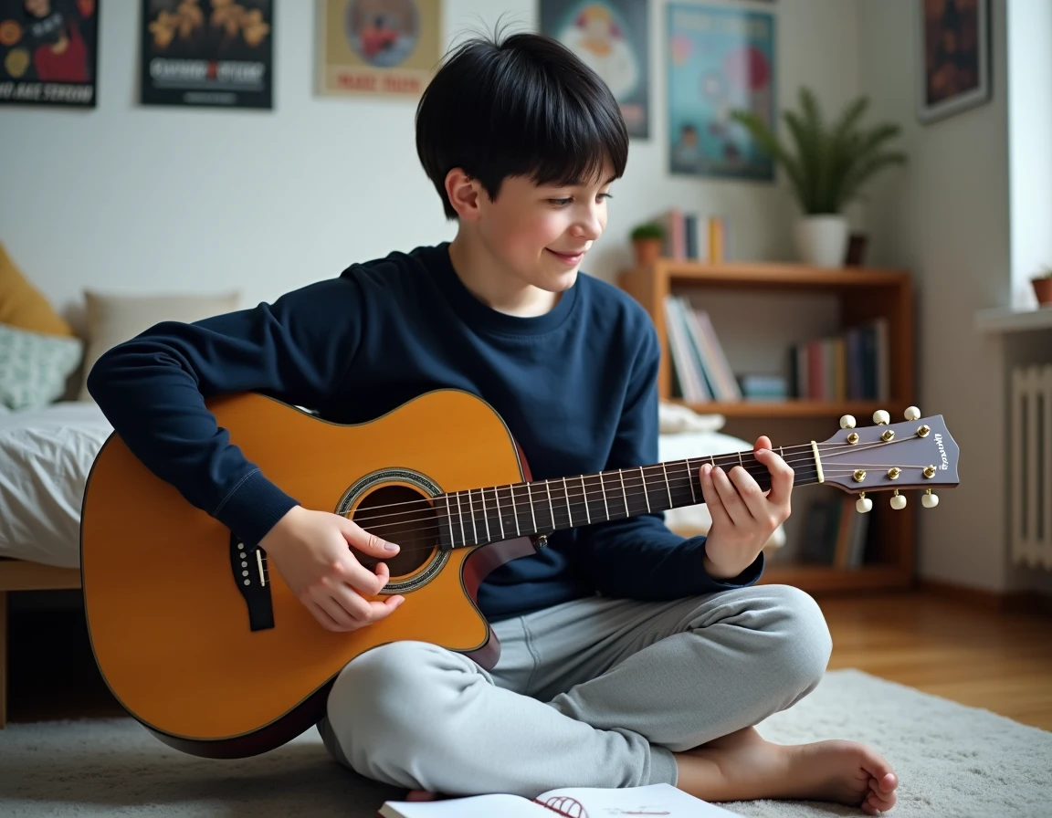 Adolescent de 17 ans apprenant la guitare acoustique dans sa chambre, idée cadeau culturel et créatif pour ado garçon