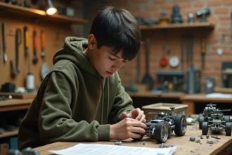 Adolescent de 17 ans concentré sur l'assemblage d'une maquette mécanique dans un atelier garage, idée cadeau pour garçon loin des écrans
