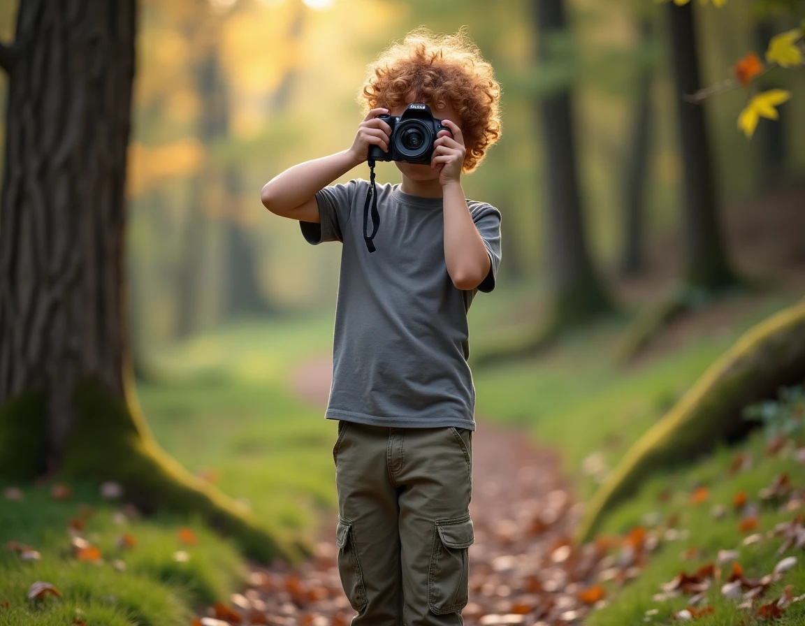 Jeune homme de 17 ans découvrant la photographie en forêt avec un appareil photo reflex, cadeau original pour adolescent passionné de nature