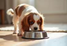 Chiot cavalier king charles mangeant dans un bol en acier
