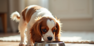 Chiot cavalier king charles mangeant dans un bol en acier