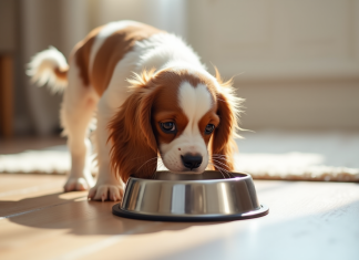 Chiot cavalier king charles mangeant dans un bol en acier