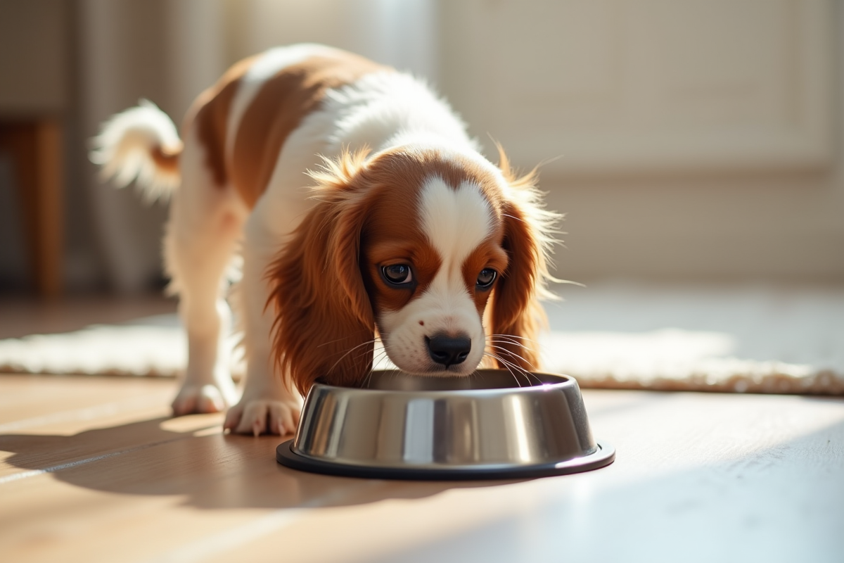 Chiot cavalier king charles mangeant dans un bol en acier