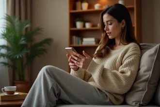 Femme célibataire dans son appartement regardant son téléphone affichant 21h12, signe numérique de l'amour