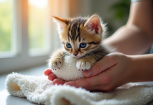 Chaton mouillé dans une serviette blanche douce