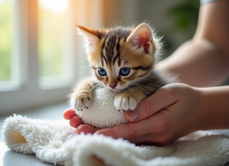 Chaton mouillé dans une serviette blanche douce