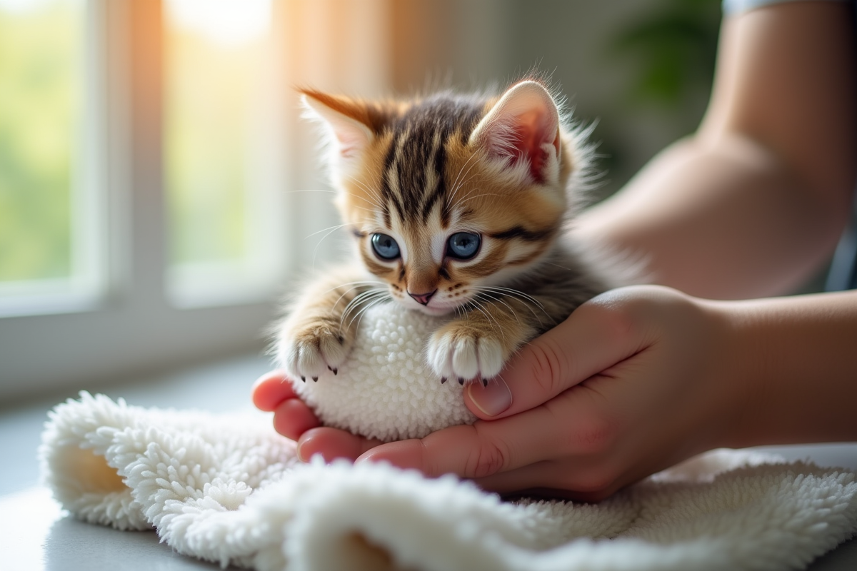 Chaton mouillé dans une serviette blanche douce