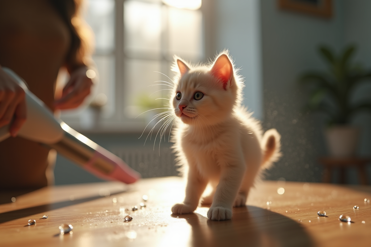Chaton curieux sur une table en bois avec sèche-cheveux