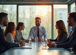 Réussir en tant que cadre supérieur grâce à une gestion d’équipe efficace Chef d'entreprise confiant dirigeant une equipe diverse en réunion