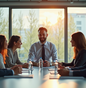 Chef d'entreprise confiant dirigeant une equipe diverse en réunion