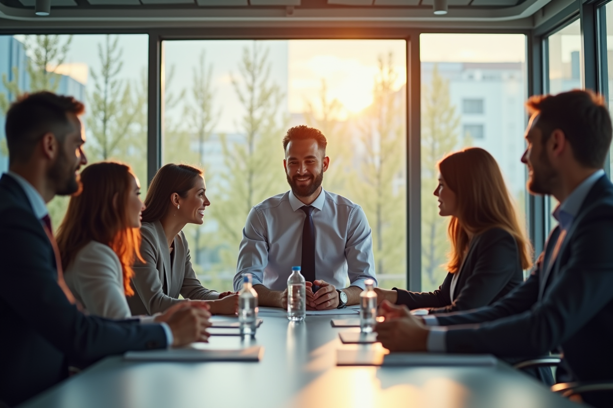 Chef d'entreprise confiant dirigeant une equipe diverse en réunion