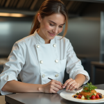 Rencontrez nos chefs et découvrez leur art culinaire sur le blog La Belle Assiette Chef femme en cuisine moderne en train de dresser un plat gourmet