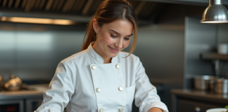 Rencontrez nos chefs et découvrez leur art culinaire sur le blog La Belle Assiette Chef femme en cuisine moderne en train de dresser un plat gourmet