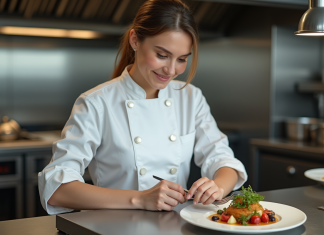 Rencontrez nos chefs et découvrez leur art culinaire sur le blog La Belle Assiette Chef femme en cuisine moderne en train de dresser un plat gourmet