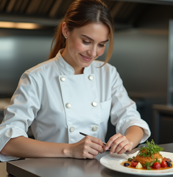 Rencontrez nos chefs et découvrez leur art culinaire sur le blog La Belle Assiette Chef femme en cuisine moderne en train de dresser un plat gourmet