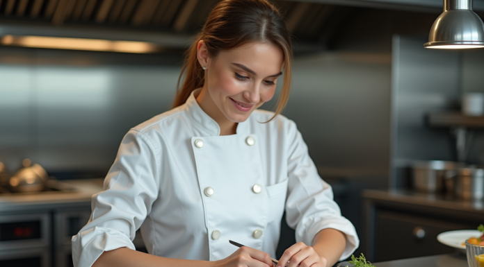 Rencontrez nos chefs et découvrez leur art culinaire sur le blog La Belle Assiette Chef femme en cuisine moderne en train de dresser un plat gourmet