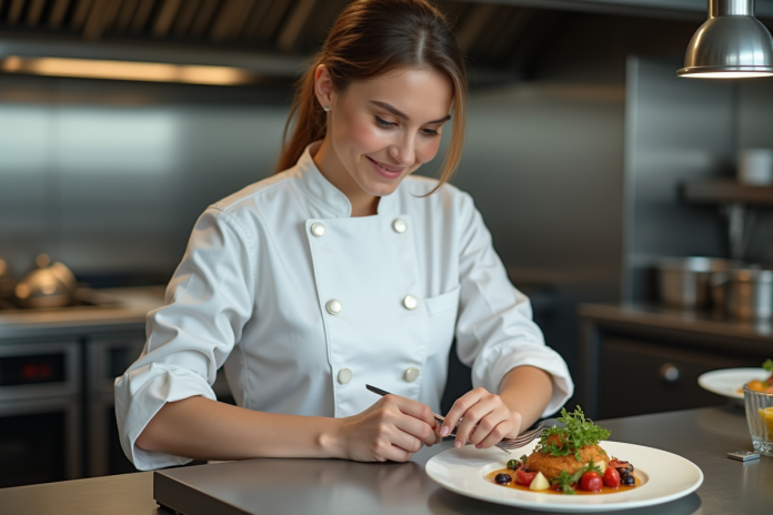chef-femme-gourmet-plating Chef femme en cuisine moderne en train de dresser un plat gourmet