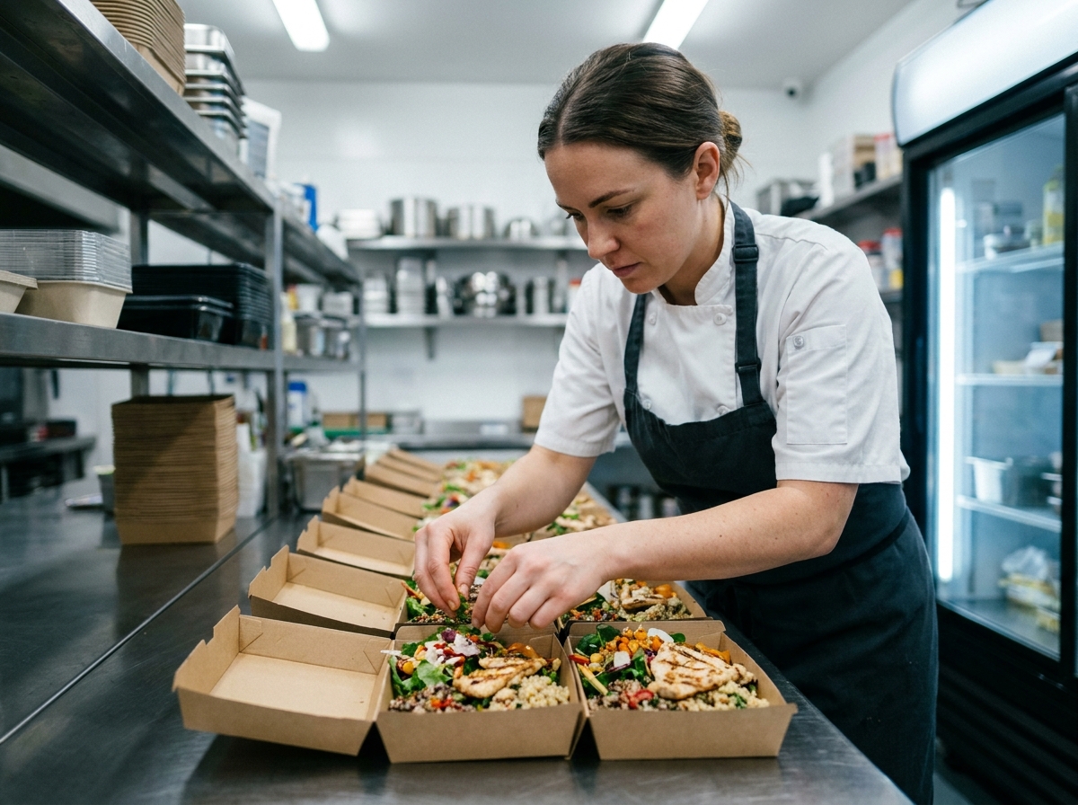 Cheffe traiteur préparant des lunch boxes pour des entreprises en Île-de-France dans une cuisine professionnelle