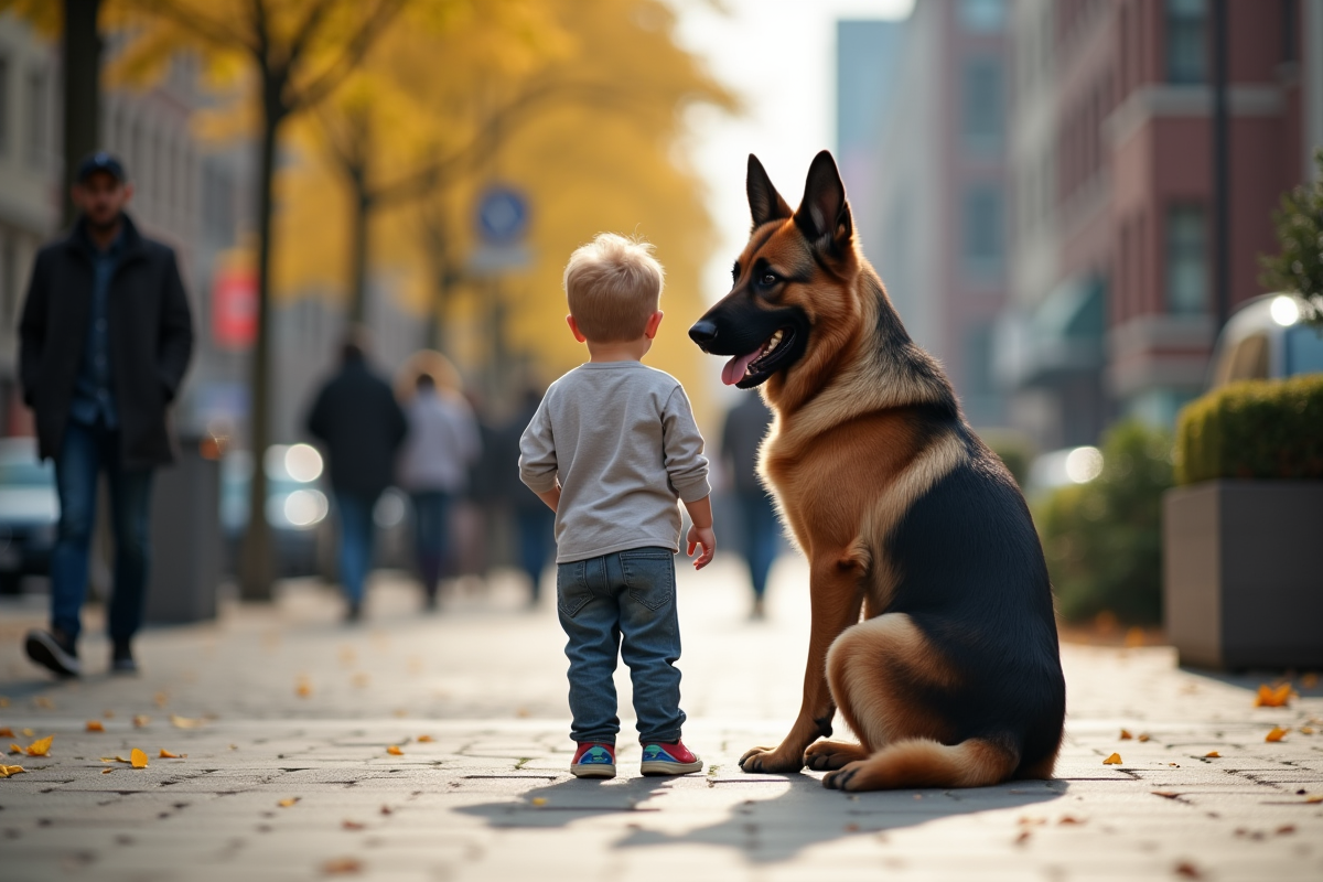 Chien berger malinois assis avec un enfant en ville