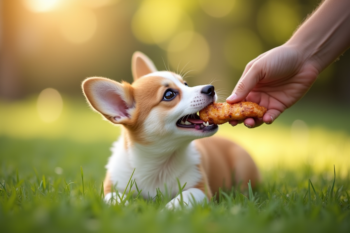 Chiot corgi curieux recevant un morceau de poulet