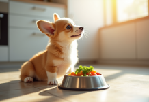Chiot corgi jouant près d'une gamelle de nourriture saine