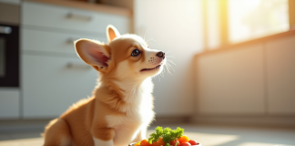 Chiot corgi jouant près d'une gamelle de nourriture saine