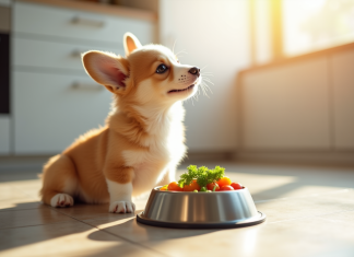 Chiot corgi jouant près d'une gamelle de nourriture saine