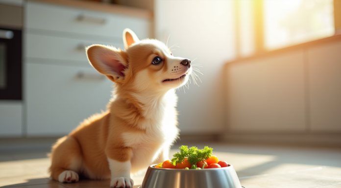 Chiot corgi jouant près d'une gamelle de nourriture saine