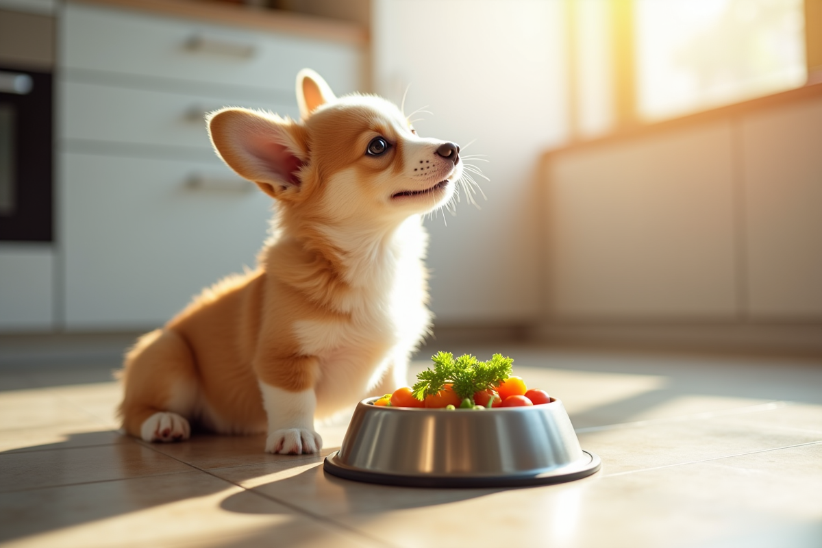 Chiot corgi jouant près d'une gamelle de nourriture saine