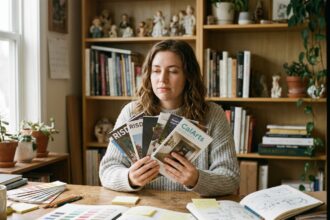 Jeune femme comparant des brochures d'écoles artistiques à son bureau créatif