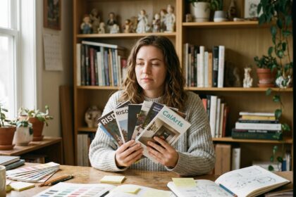 Jeune femme comparant des brochures d'écoles artistiques à son bureau créatif