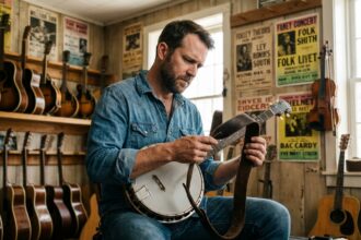 Musicien comparant une sangle en cuir pour banjo dans une boutique de musique vintage