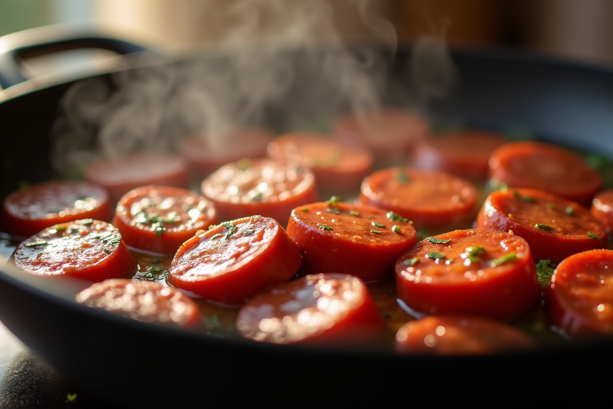 Chorizo en train de cuire dans une poêle chaude avec vapeur