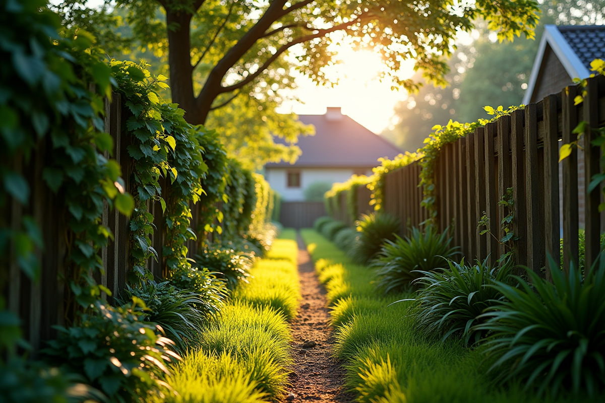 Cloture de jardin avec vignes et maison en arrière-plan illustrant limites