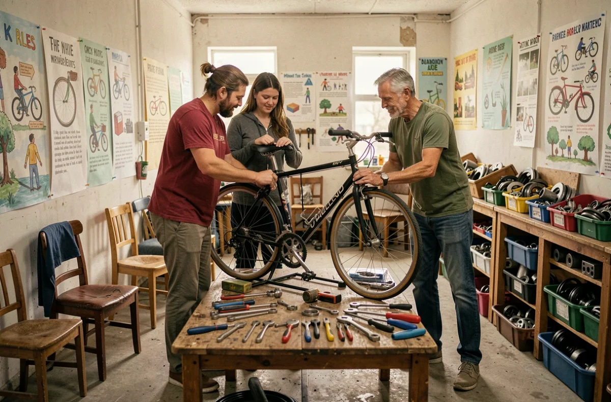 Atelier participatif COBI avec des bénévoles aidant un usager à réparer son vélo dans un espace communautaire