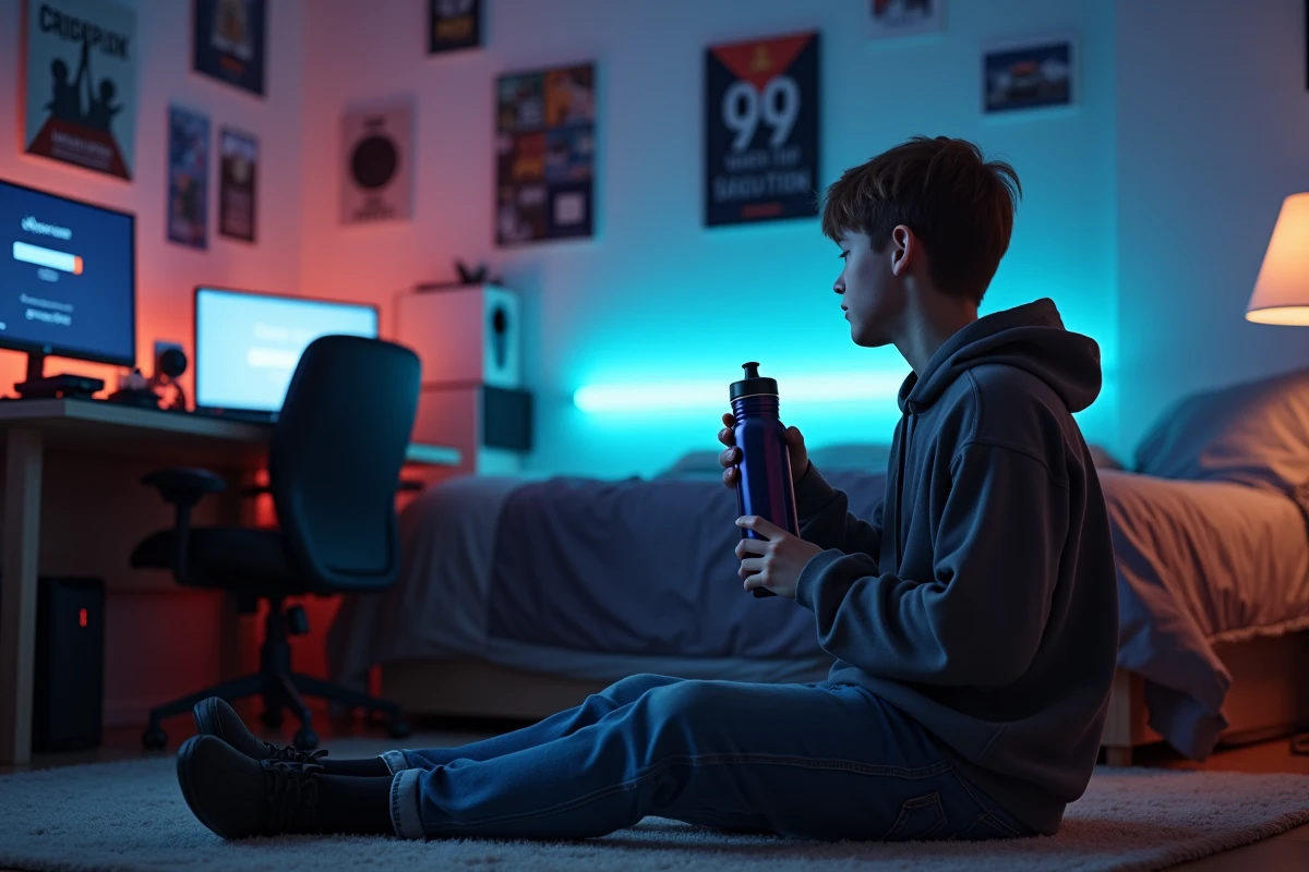 Adolescent gamer cherchant un code promo Air Up Inoxtag fiable sur son ordinateur dans sa chambre
