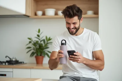 Jeune homme utilisant un code promo Air Up Inoxtag sur son smartphone dans une cuisine moderne