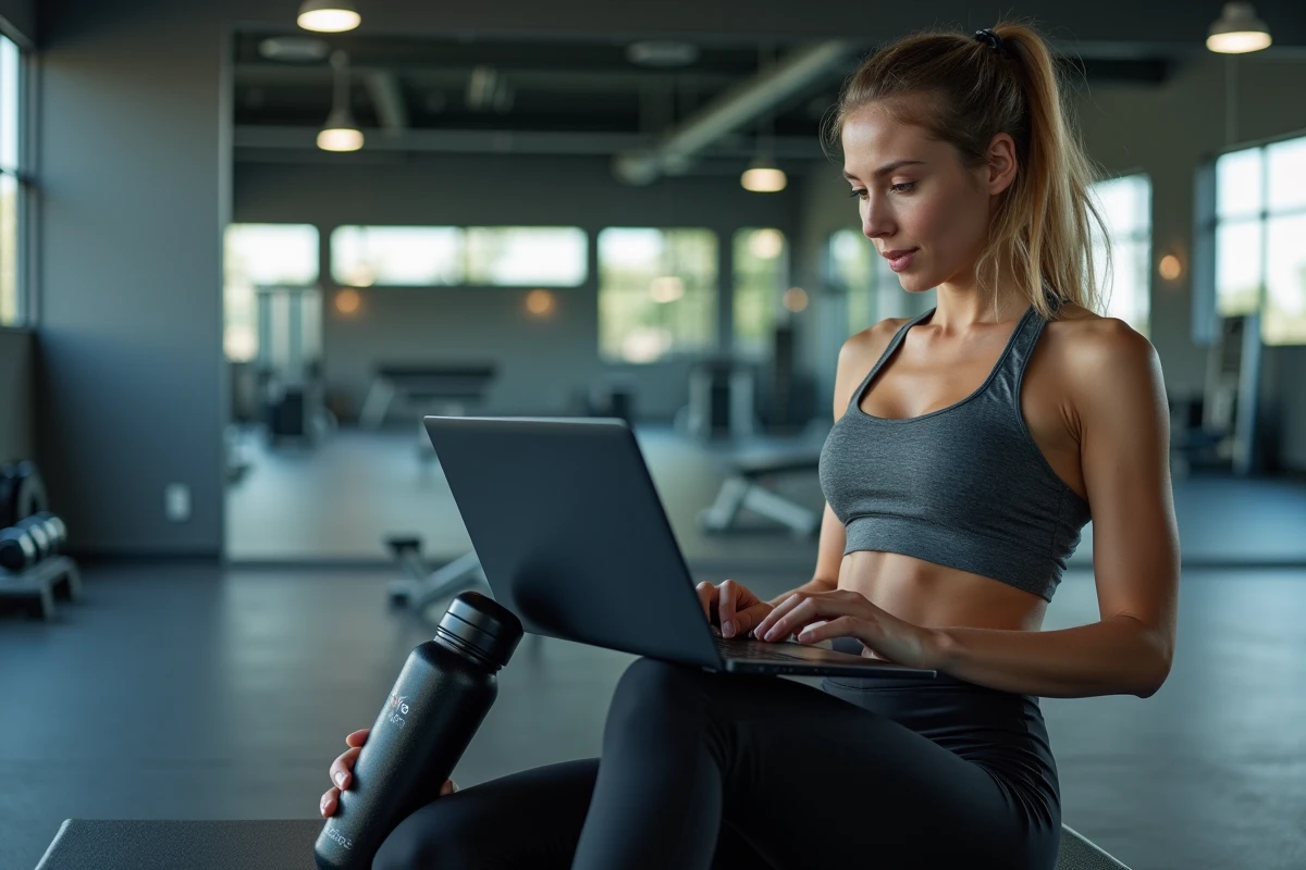 Jeune femme sportive consultant un code promo Air Up Inoxtag sur un ordinateur portable dans une salle de sport