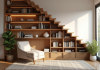 Coin lecture cosy sous l'escalier avec étagères en bois