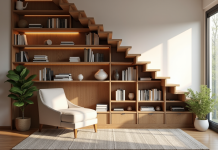 Coin lecture cosy sous l'escalier avec étagères en bois