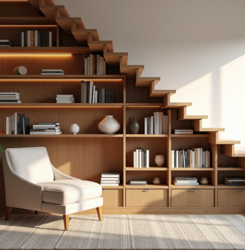 Coin lecture cosy sous l'escalier avec étagères en bois