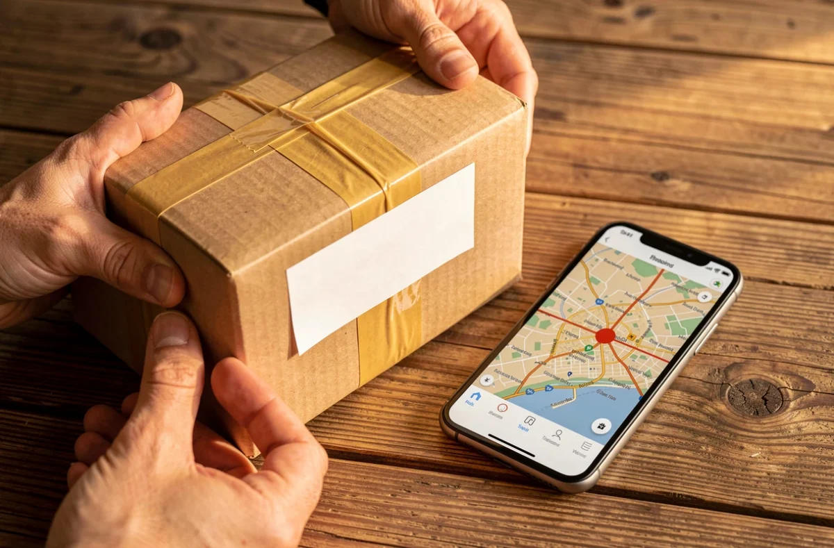 Colis étiqueté posé près d'un téléphone affichant une carte