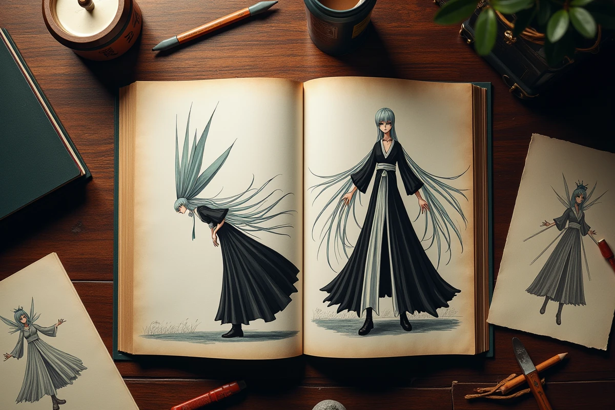 Bureau de collectionneur manga Bleach avec volume ouvert sur Ulquiorra Schiffer, figurine et croquis artistiques