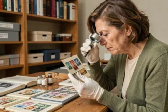 Collectionneuse de timbres rares examinant un timbre avec une loupe sur un bureau d'archivage philatélique