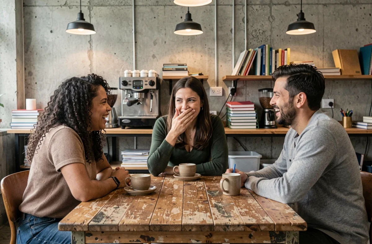 Trois collègues en discussion animée autour d'une table dans une salle de pause de bureau moderne, réactions contrastées face à une blague