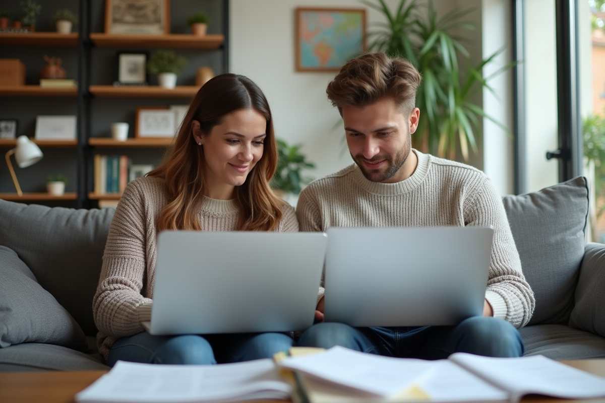 Deux colocataires travaillant ensemble sur un sofa
