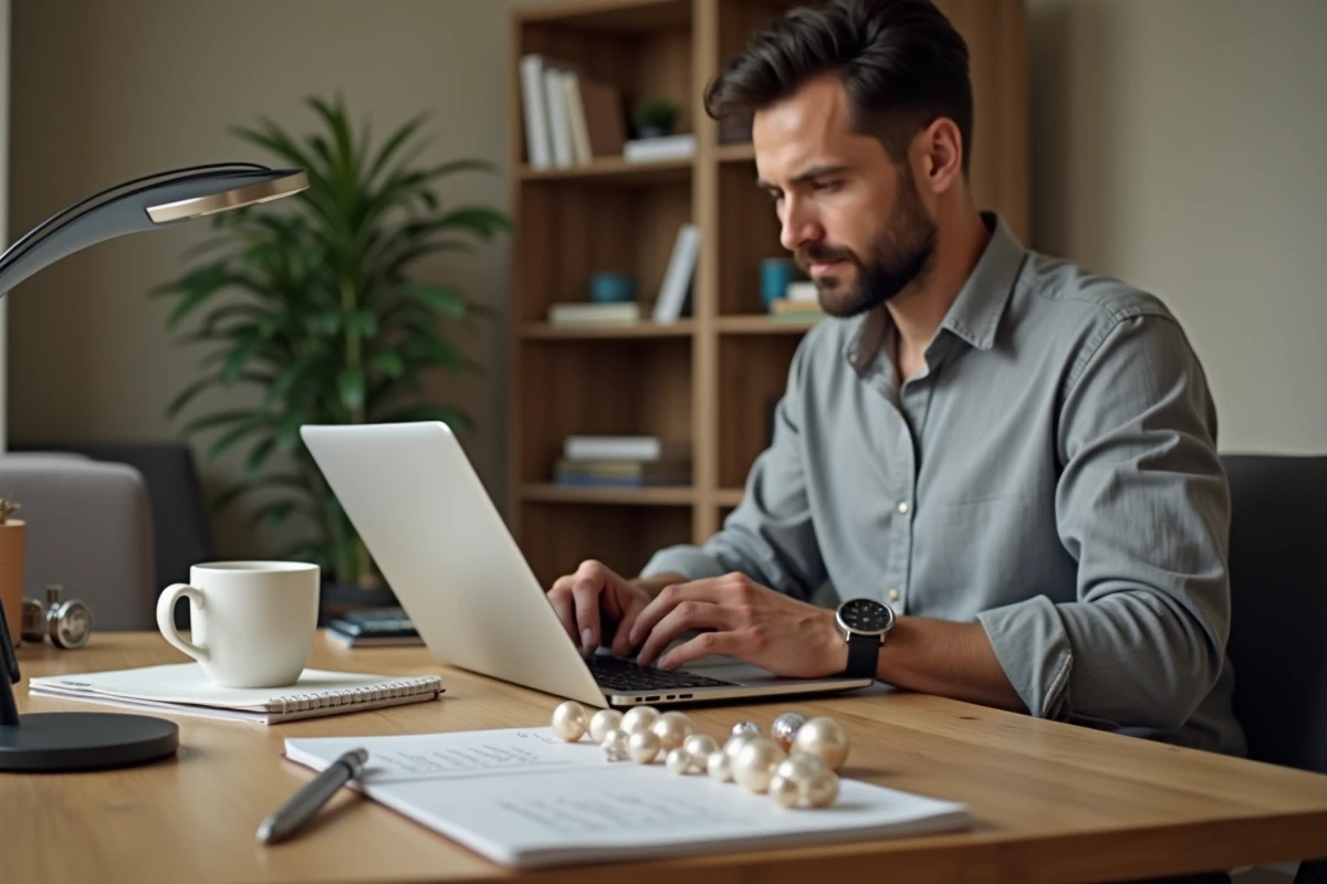Homme comparant les prix de perles huîtres en ligne avec une loupe et un carnet de notes à son bureau