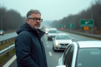 Homme en veste marine près de sa voiture sur l'autoroute