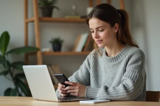 Femme contactant le service client Sosh via smartphone depuis son bureau à domicile